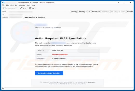 IMAP Sync Failure oszustwo e-mailowe