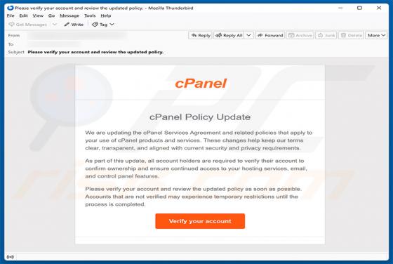 cPanel Policy Update oszustwo e-mailowe
