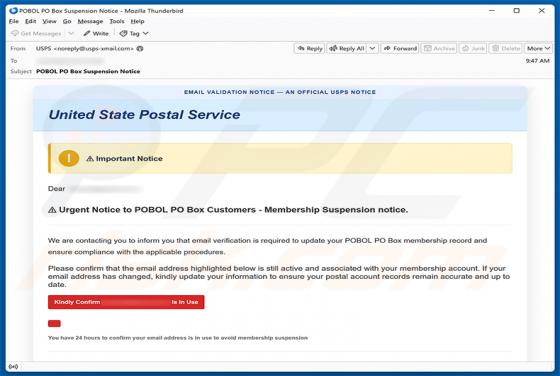 USPS POBOL Membership Suspension Notice oszustwo e-mailowe