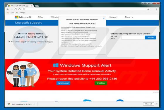 Oszustwo POP-UP Your Registration Key Is Blocked