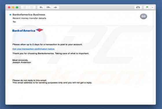 Wirus Bank Of America Email