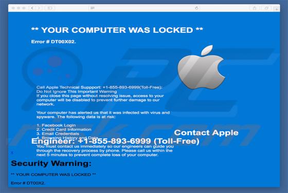 Oszustwo POP-UP Contact Apple Engineer (Error #DT00X02) (Mac)