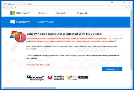 Oszustwo POP-UP Your Windows Computer Is Infected With (4) Viruses!