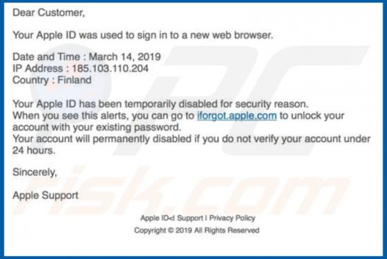 Oszustwo e-mail Iforgot.apple.com