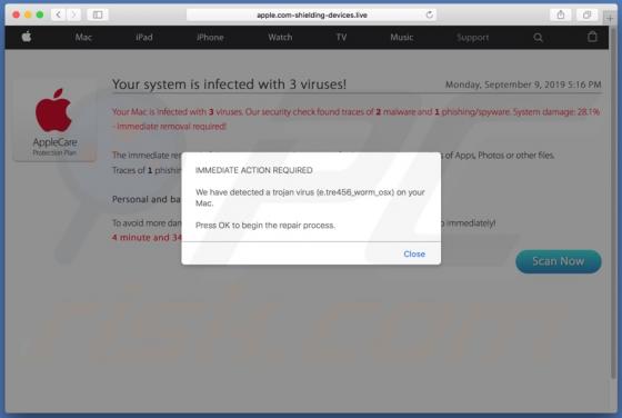 Oszustwo POP-UP Apple.com-shielding-devices.live (Mac)