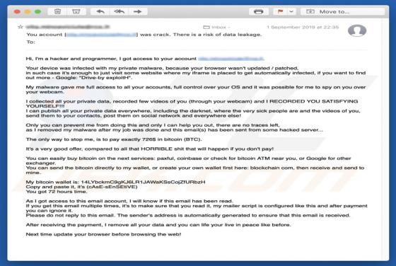 Oszustwo e-mail Your Device Was Infected With My Private Malware
