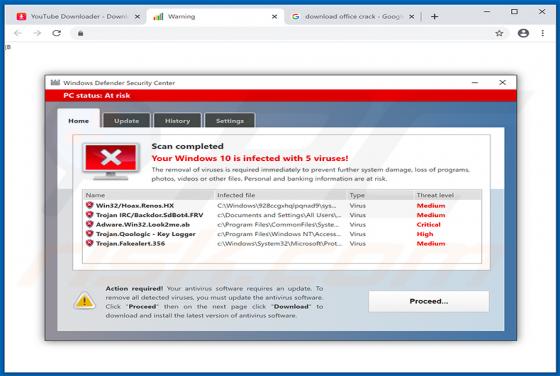 Oszustwo POP-UP Your Windows 10 Is Infected With 5 Viruses!